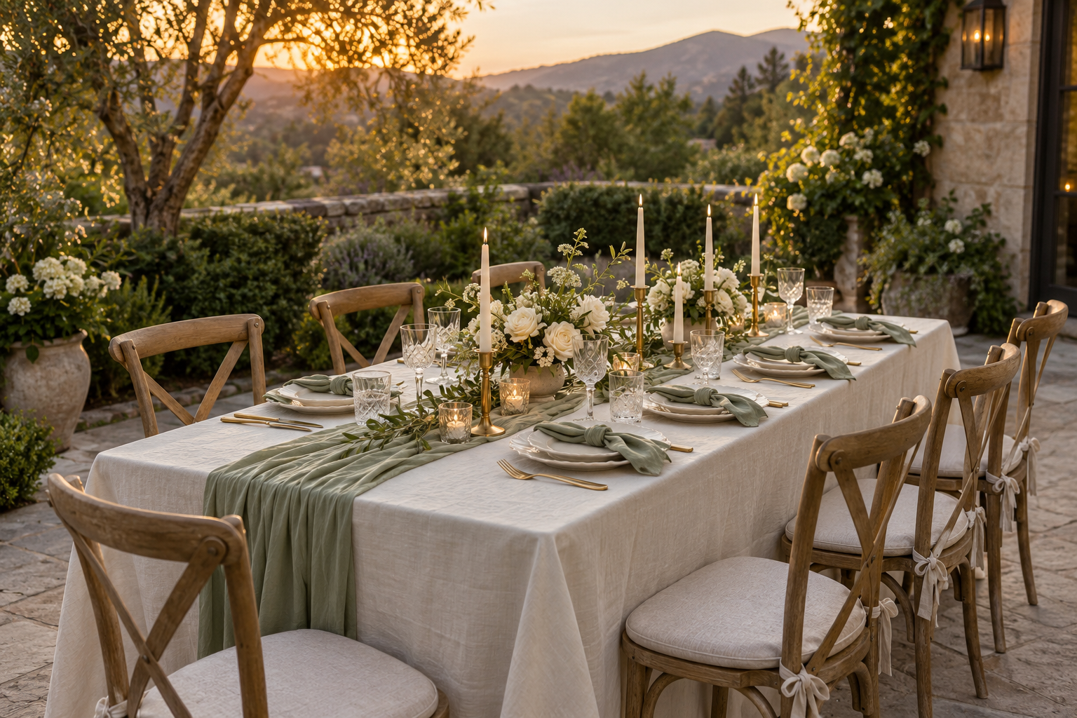 Elegant sage and ivory outdoor dinner tablescape